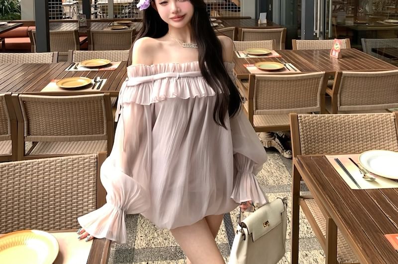 Plain Long-Sleeve Off-Shoulder Ruffle Tunic Blouse Trim