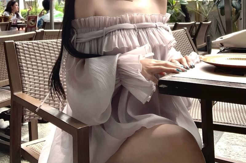 Plain Long-Sleeve Off-Shoulder Ruffle Tunic Blouse Trim