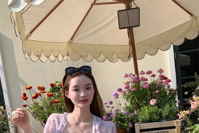 Melange Dress Trim / Cardigan Lace Bow Ruched Mini Ruffle Spaghetti Panel Strap A-Line