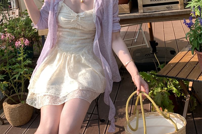 Melange Dress Trim / Cardigan Lace Bow Ruched Mini Ruffle Spaghetti Panel Strap A-Line