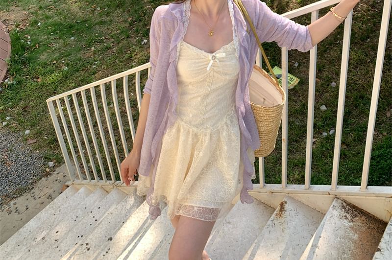 Melange Dress Trim / Cardigan Lace Bow Ruched Mini Ruffle Spaghetti Panel Strap A-Line