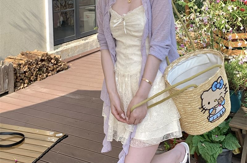 Melange Dress Trim / Cardigan Lace Bow Ruched Mini Ruffle Spaghetti Panel Strap A-Line