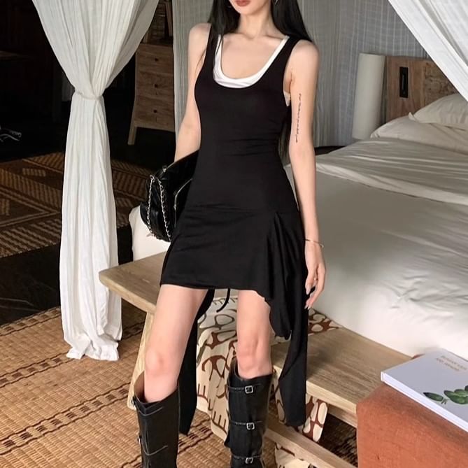 + Plain Dress Top Bodycon Slim Sleeveless Set: Tank Mini Scoop Asymmetrical Neck Fit