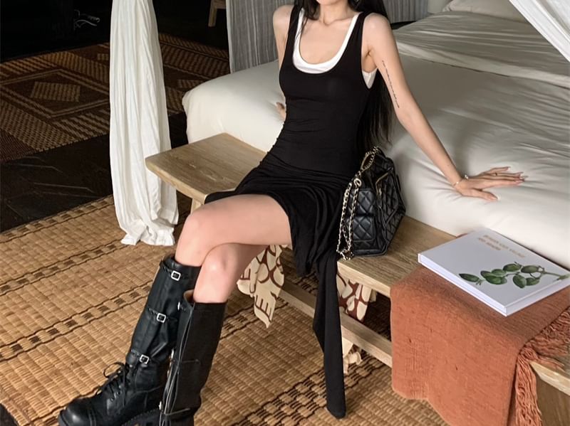 + Plain Dress Top Bodycon Slim Sleeveless Set: Tank Mini Scoop Asymmetrical Neck Fit