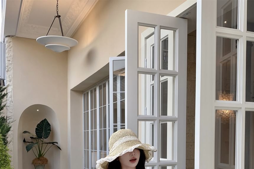 Two-Piece Spaghetti Floral Mini Bodycon Dress Strap Fringed Mock