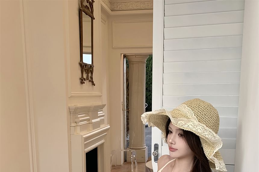 Two-Piece Spaghetti Floral Mini Bodycon Dress Strap Fringed Mock