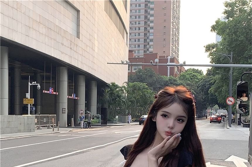 Crop T-Shirt Bow Cap-Sleeve Contrast Fit Trim Slim