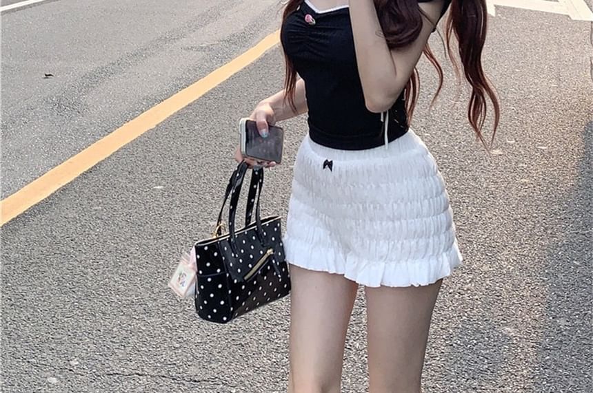 Crop T-Shirt Bow Cap-Sleeve Contrast Fit Trim Slim