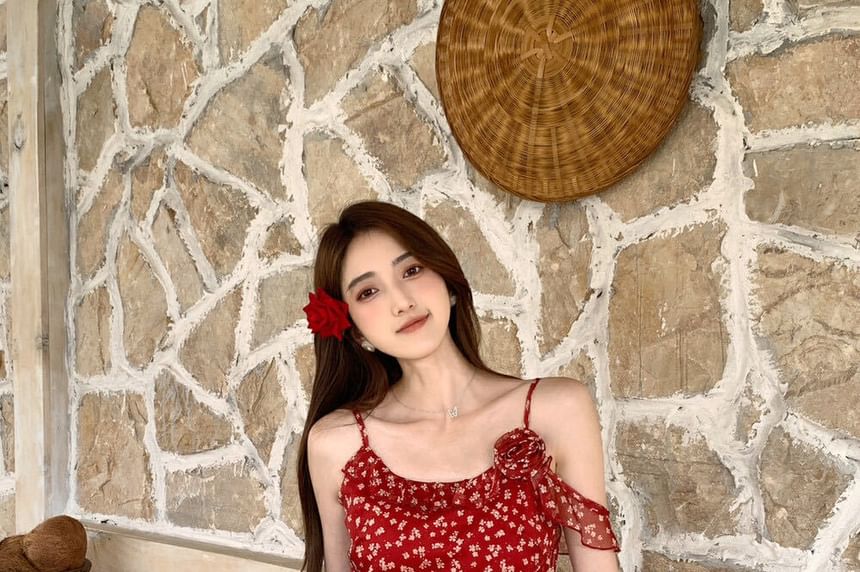 Floral Ruffle Trim Scrunchie Cami Set: Top + Asymmetrical