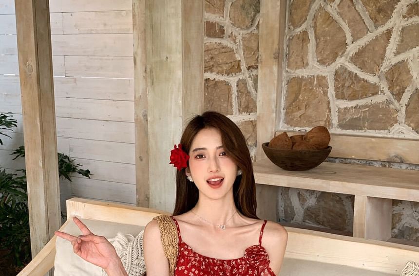 Floral Ruffle Trim Scrunchie Cami Set: Top + Asymmetrical