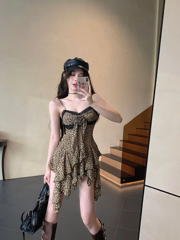 Print Dress A-Line Leopard Trim Asymmetrical Lace Mini Strap Spaghetti