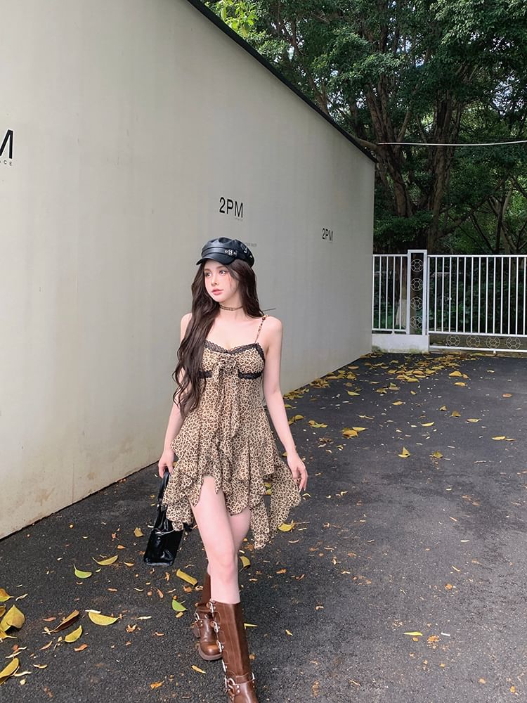 Print Dress A-Line Leopard Trim Asymmetrical Lace Mini Strap Spaghetti