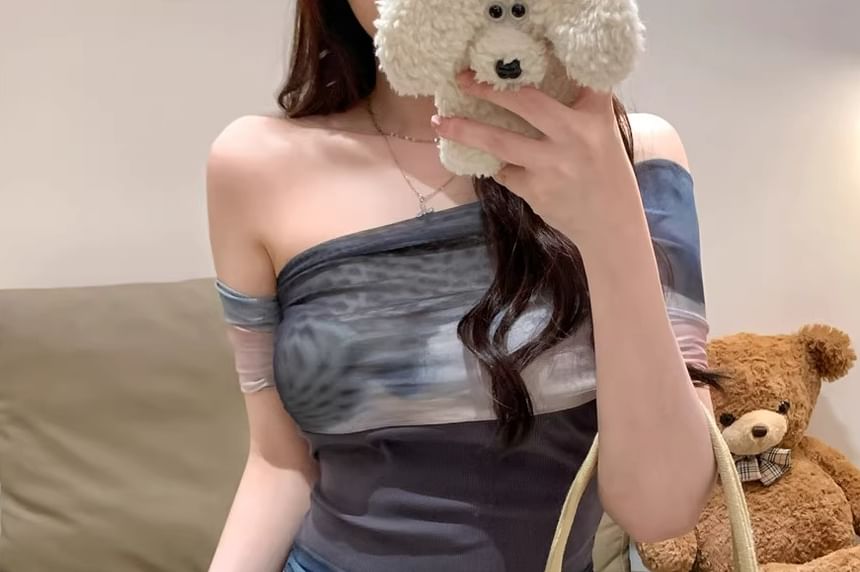 Mesh Color Top Fit Block Off-Shoulder Slim Short-Sleeve