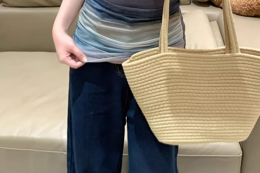 Mesh Color Top Fit Block Off-Shoulder Slim Short-Sleeve