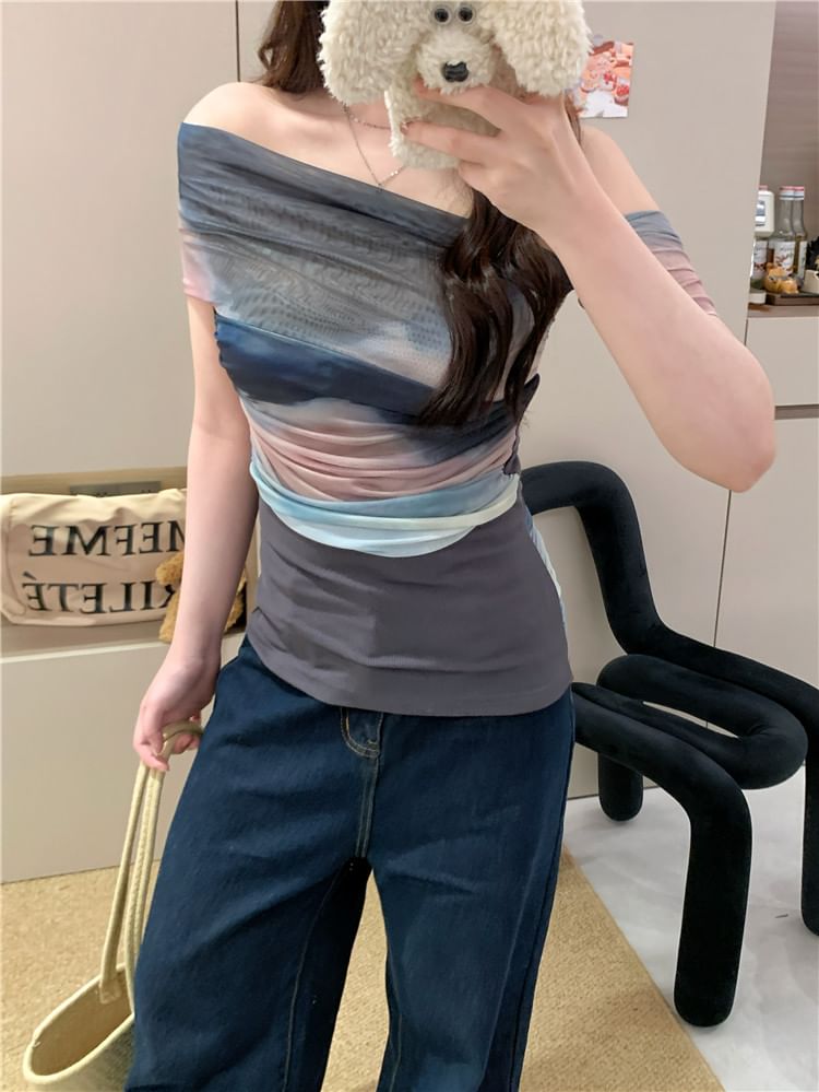 Mesh Color Top Fit Block Off-Shoulder Slim Short-Sleeve