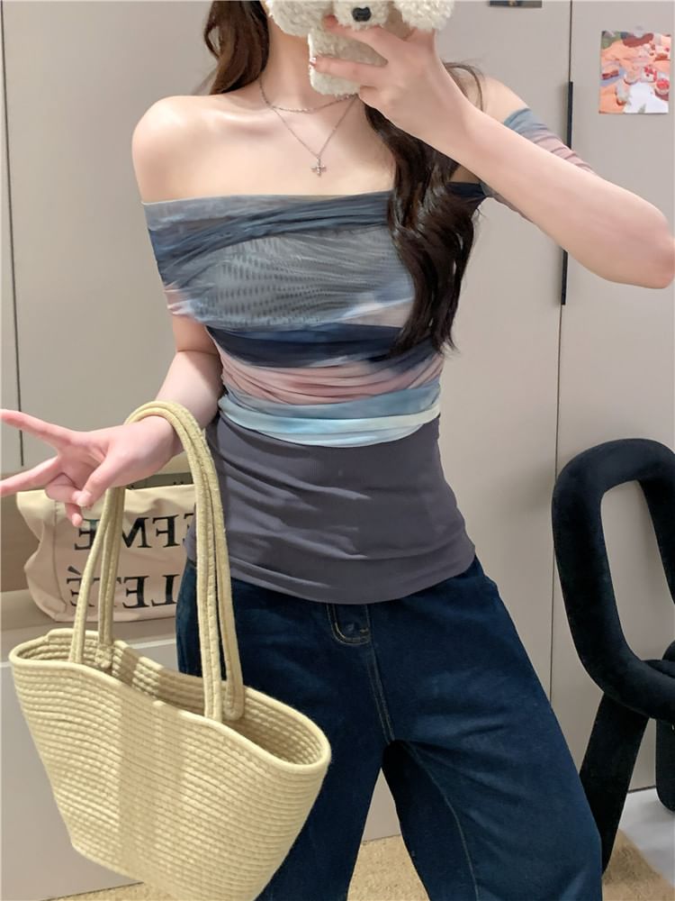 Mesh Color Top Fit Block Off-Shoulder Slim Short-Sleeve