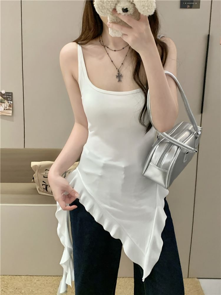 Long Neck Asymmetrical Square Tank Ruffle Slim Top Trim Fit Plain