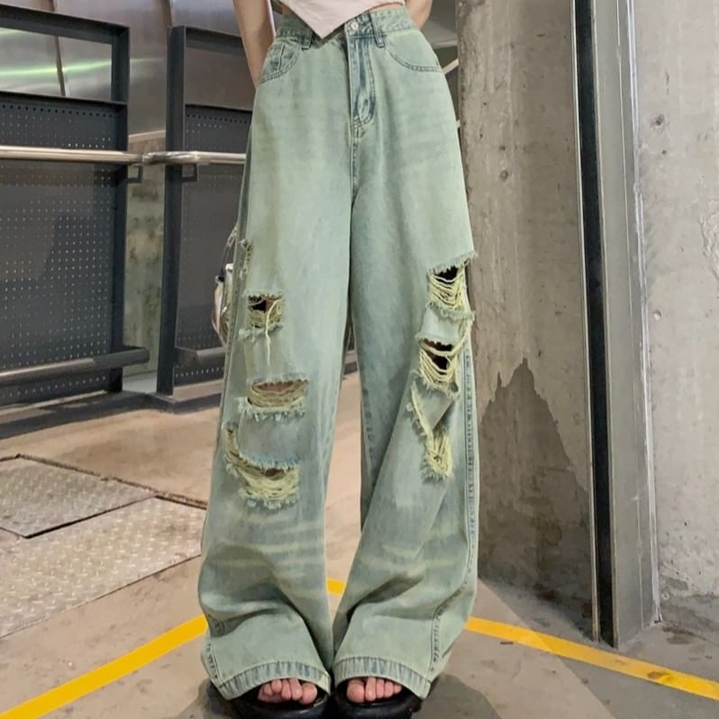 Wide Washed Ripped High Leg Rise Jeans