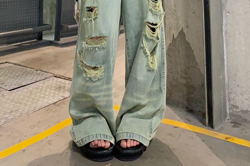 Wide Washed Ripped High Leg Rise Jeans