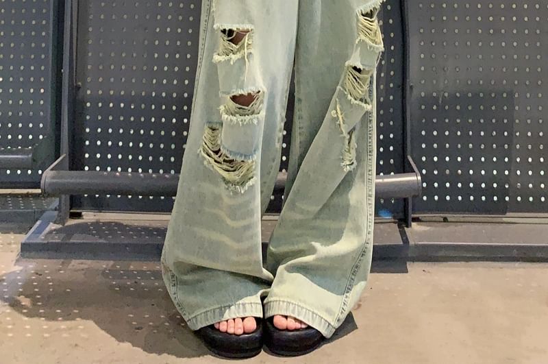 Wide Washed Ripped High Leg Rise Jeans