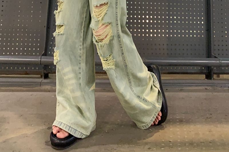 Wide Washed Ripped High Leg Rise Jeans