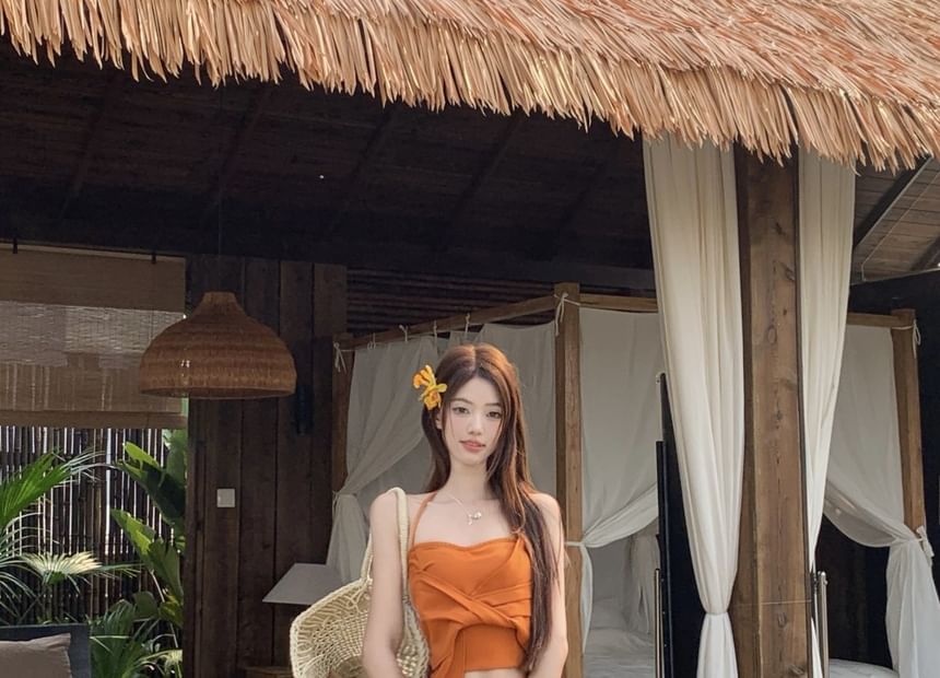 Maxi Halter Mid Tie Dye Slim Knot A-Line Wrap Skirt Cami Plain Fit Rise / Crop Top