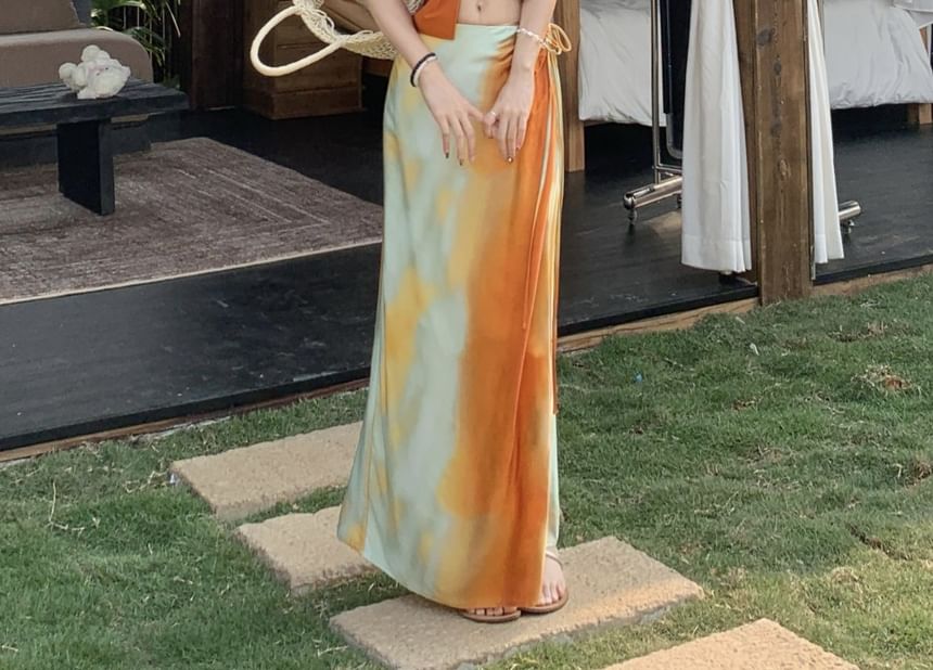 Maxi Halter Mid Tie Dye Slim Knot A-Line Wrap Skirt Cami Plain Fit Rise / Crop Top