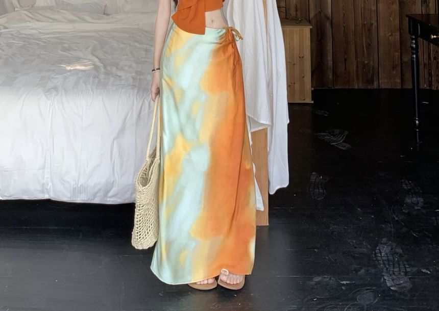 Maxi Halter Mid Tie Dye Slim Knot A-Line Wrap Skirt Cami Plain Fit Rise / Crop Top