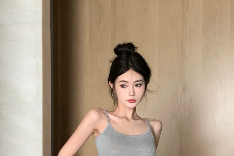 Cardigan Melange Slim Camisole Mini Pencil Crop Waist Elastic Top Skirt / Set Fit Drawstring