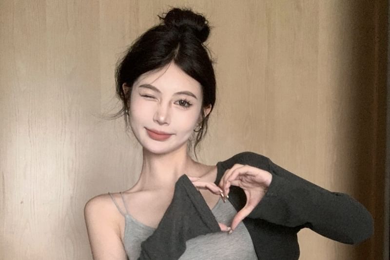 Cardigan Melange Slim Camisole Mini Pencil Crop Waist Elastic Top Skirt / Set Fit Drawstring