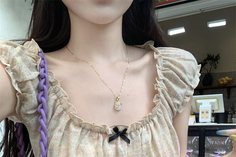 Neck Ruffle Bow Short-Sleeve Square T-Shirt Fit Slim Trim