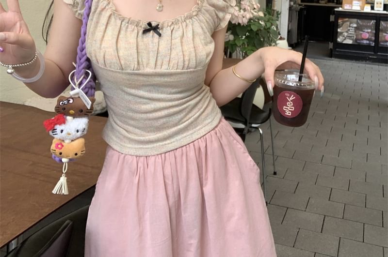 Neck Ruffle Bow Short-Sleeve Square T-Shirt Fit Slim Trim