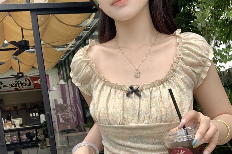 Neck Ruffle Bow Short-Sleeve Square T-Shirt Fit Slim Trim