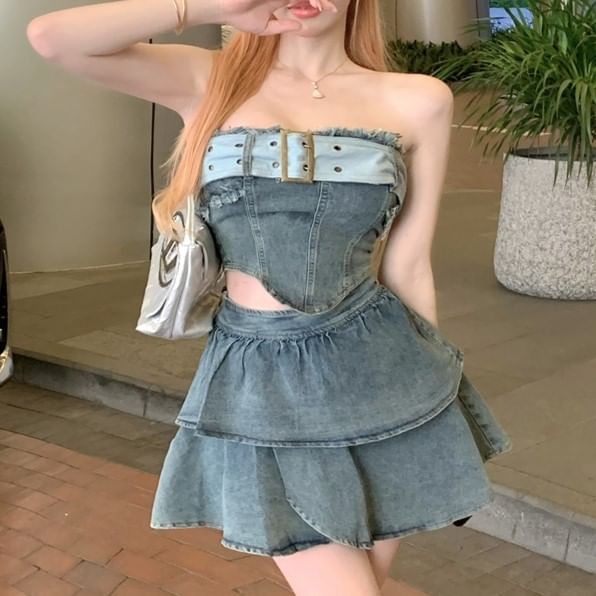 Tube + Waist Tiered Top A-Line Crop Mini High Denim Skirt Belted Asymmetrical Set: