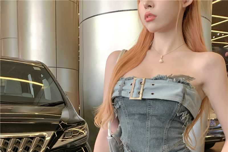 Tube + Waist Tiered Top A-Line Crop Mini High Denim Skirt Belted Asymmetrical Set: