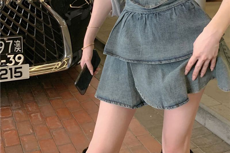 Tube + Waist Tiered Top A-Line Crop Mini High Denim Skirt Belted Asymmetrical Set: