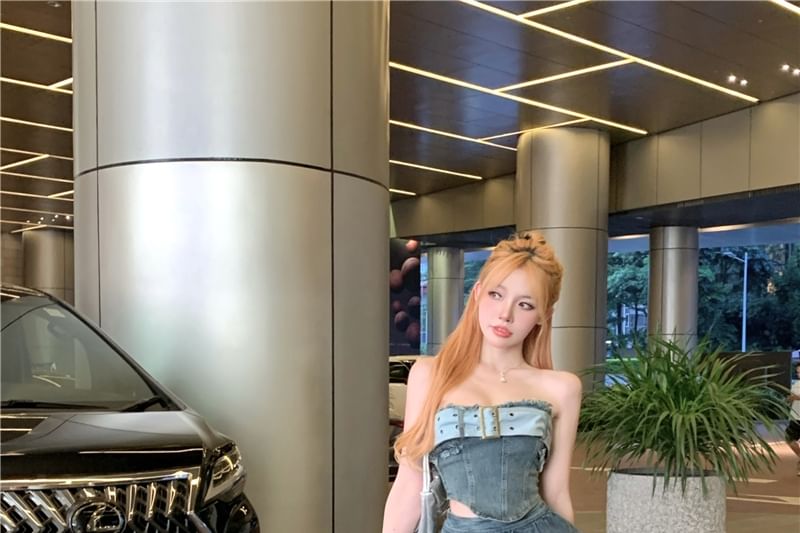 Tube + Waist Tiered Top A-Line Crop Mini High Denim Skirt Belted Asymmetrical Set: