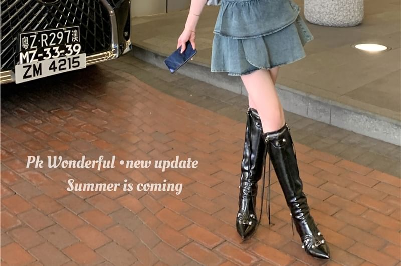 Tube + Waist Tiered Top A-Line Crop Mini High Denim Skirt Belted Asymmetrical Set: