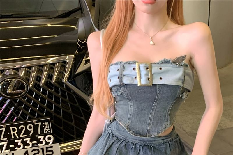 Tube + Waist Tiered Top A-Line Crop Mini High Denim Skirt Belted Asymmetrical Set: