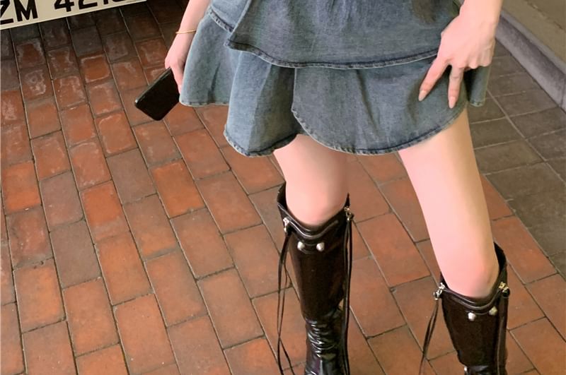 Tube + Waist Tiered Top A-Line Crop Mini High Denim Skirt Belted Asymmetrical Set: