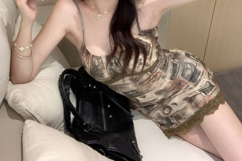 Trim Strap Bodycon Print Mini Spaghetti Dress Lace