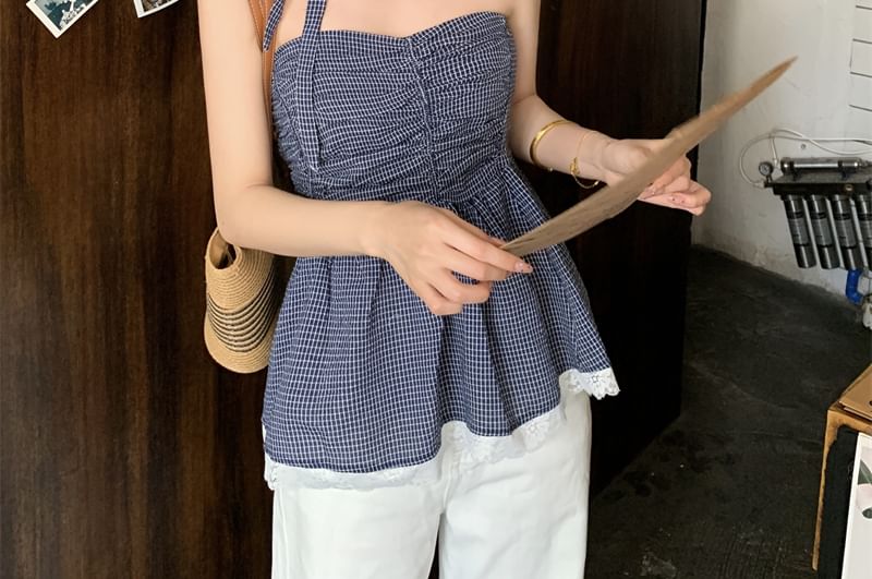 Top Tube Peplum Trim Ruched Plaid Lace