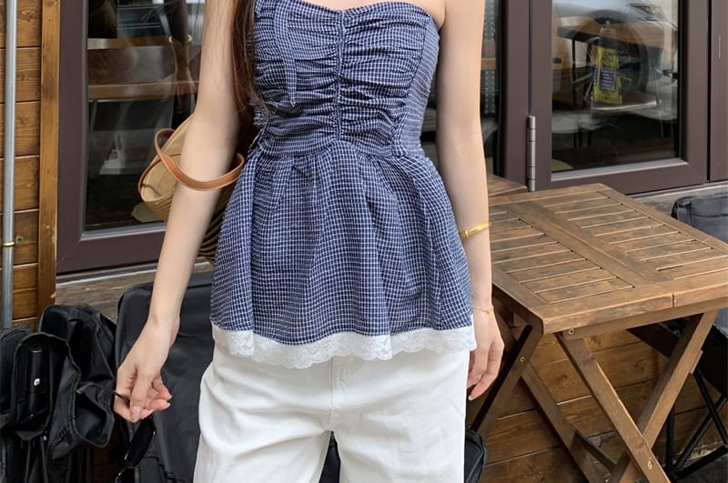Top Tube Peplum Trim Ruched Plaid Lace