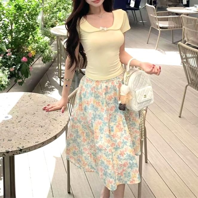 Elastic Scoop Slim Neck Skirt Bow Short-Sleeve Midi Waist Floral Fit T-Shirt / A-Line