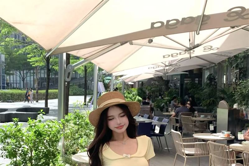 Elastic Scoop Slim Neck Skirt Bow Short-Sleeve Midi Waist Floral Fit T-Shirt / A-Line