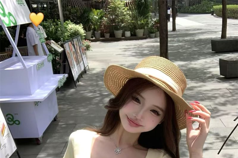 Elastic Scoop Slim Neck Skirt Bow Short-Sleeve Midi Waist Floral Fit T-Shirt / A-Line