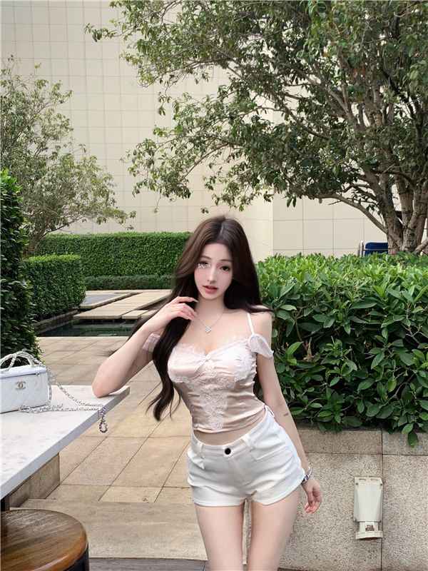 Panel Top Slim Lace Crop Camisole Fit Bow