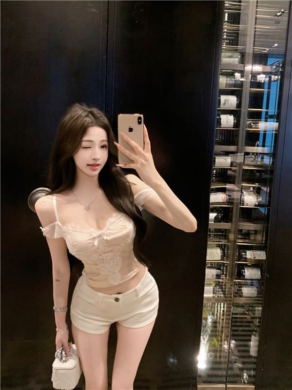 Panel Top Slim Lace Crop Camisole Fit Bow