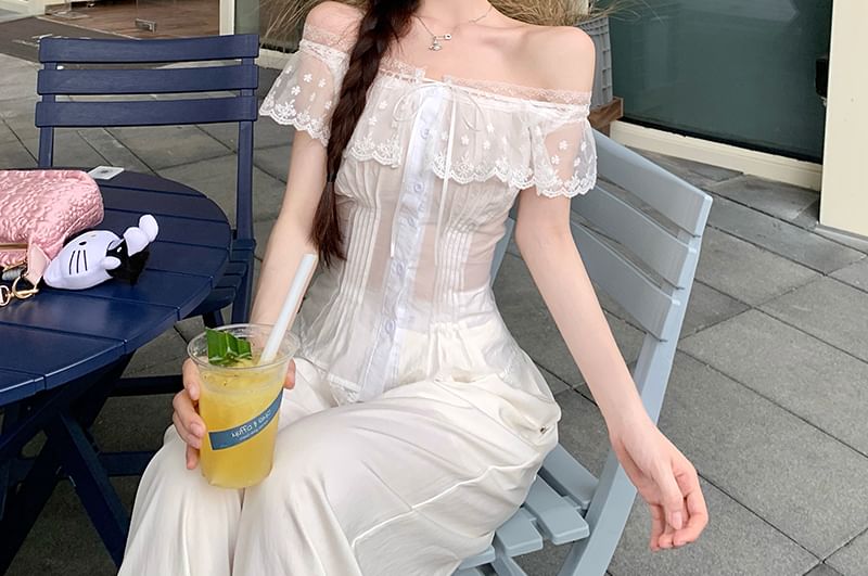 Lace Pintuck Fit Slim Cap-Sleeve Blouse Panel Off-Shoulder