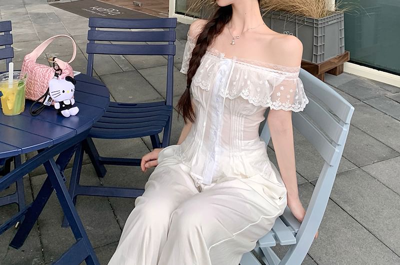 Lace Pintuck Fit Slim Cap-Sleeve Blouse Panel Off-Shoulder